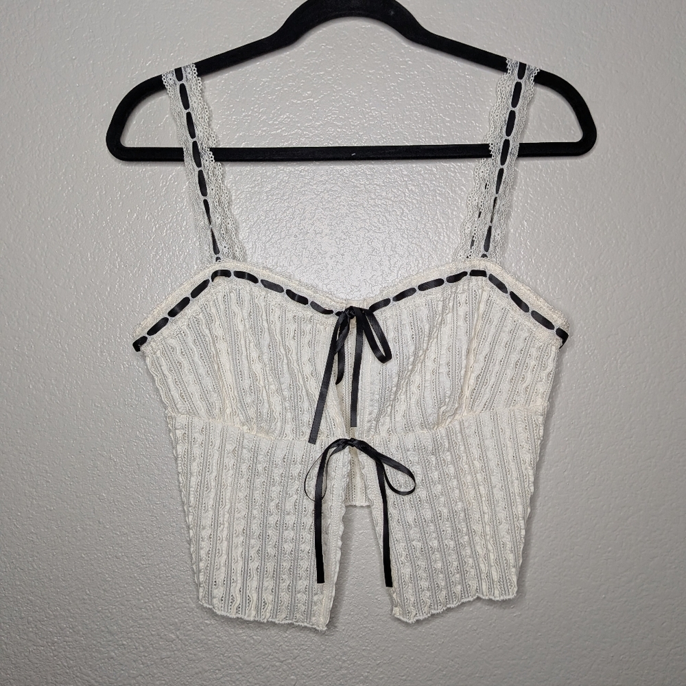 Hesperus Womens White Lace Trim Babydoll Textured Ribbon Double Tie Crop Top M